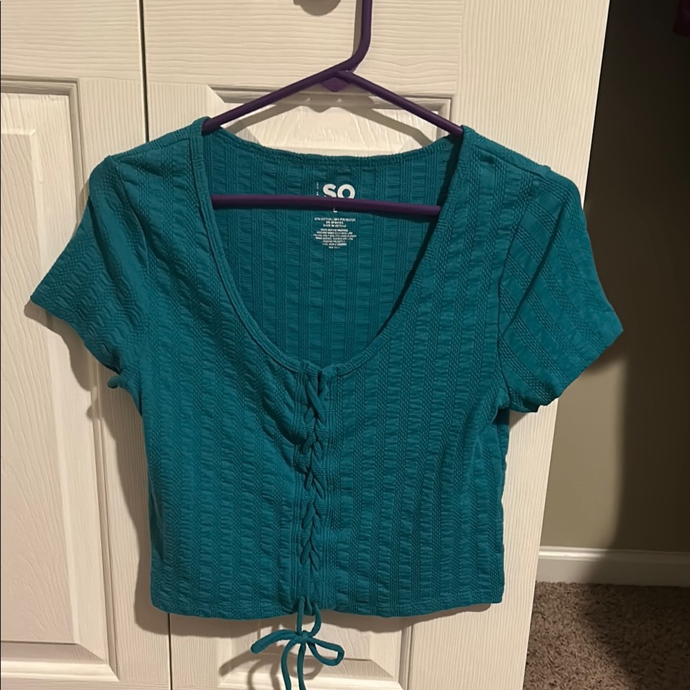 SO Green Tie Front Crop Blouse Short Sleeve